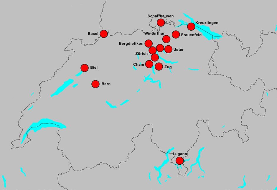 Standorte der SÜV-Mitgliedsfirmen in der Schweiz